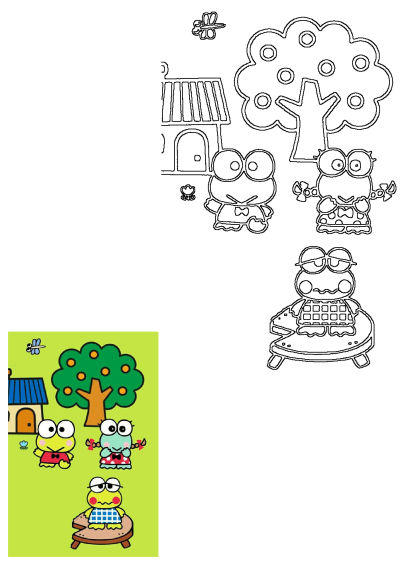 Cartoon characters are sitting in front of a tree and a small house with a bird on it. Cute, cartoon illustration.