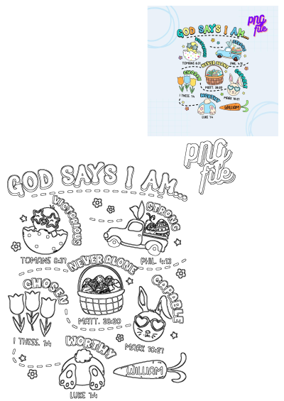 Image with 'God says I am...' text and various elements: victorious, strong, never alone, chosen with associated bible verses.