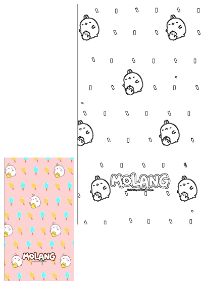 An ice cream pattern with the word Molang, featuring a cute cartoon bunny and chick against a pink background with blue and yellow popsicles.