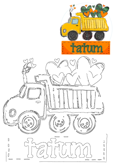 Drawing of a cute yellow dump truck with hearts on the back and the name Fatum written below. Whimsical vehicle illustration.