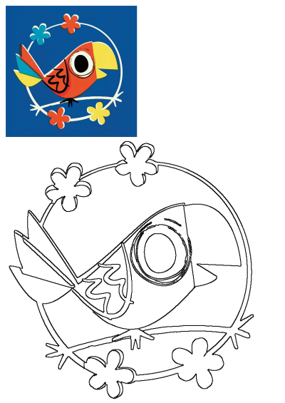 Whimsical illustration of an orange bird with flowers around its neck on a blue background, surrounded by white circles. Cute and colorful design.