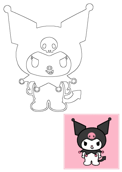 Kuromi, the cartoon character with a skull on its head, a black hood with a pink skull, and a devil's tail.