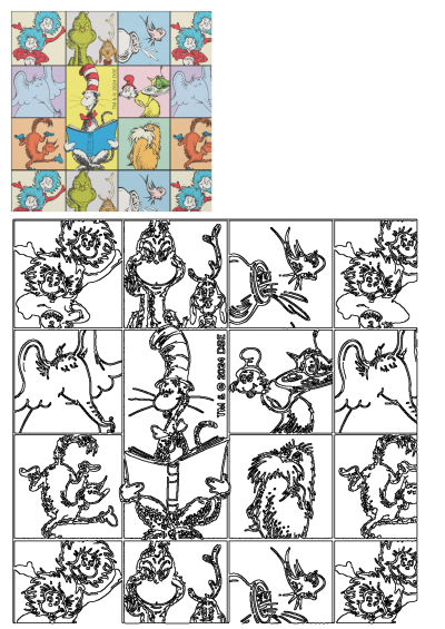 The Cat in the Hat and other Dr. Seuss cartoon characters on a multi-colored background. Features popular characters from the beloved children's stories.