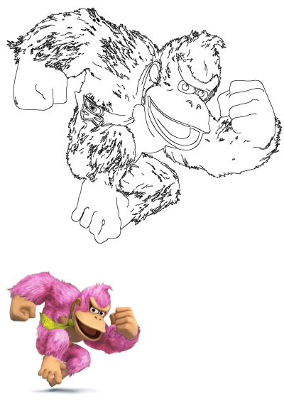A pink monkey with his arms out and eyes wide open in the air, like Donkey Kong in a pink color scheme.  He is wearing a green neckerchief.
