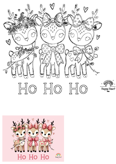 Three adorable cartoon fawns adorned with festive bows, flowers, and sparkling Christmas lights, featuring 'Ho Ho Ho' for holiday cheer.