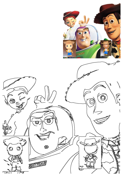 The characters from Toy Story are posed together, featuring Woody, Buzz Lightyear, and Jessie in a cheerful group shot. A toy version of Woody is also displayed.