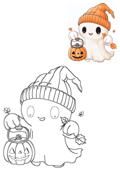 Adorable illustration of a cute ghost wearing a knitted hat, holding a pumpkin lantern in one hand. Perfect for Halloween.