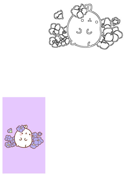 Cute cartoon image of Molang the rabbit with purple violets around it. Adorable illustration for backgrounds and designs.