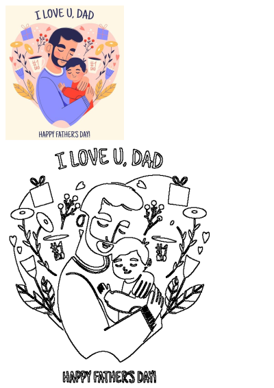 A father holding his son in front of a heart, vector illustration for Happy Father's Day with cups and gift boxes. I love you, Dad