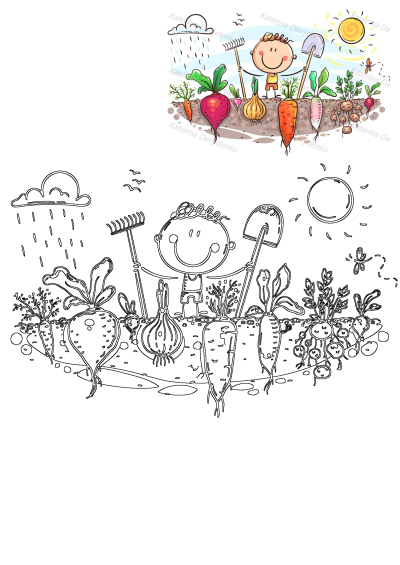 Illustration of a boy digging in the garden, surrounded by carrots, radishes, and other vegetables growing. Perfect for children's content.