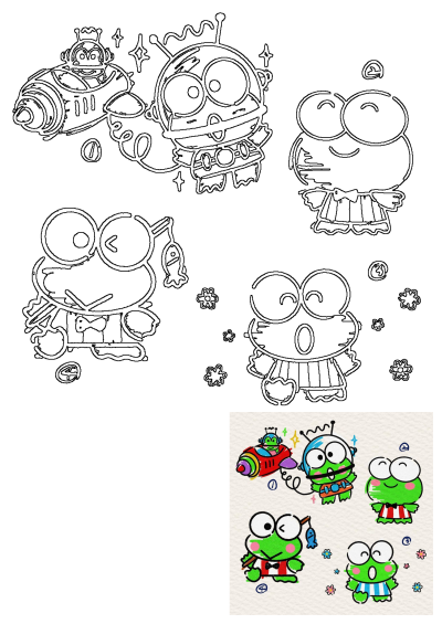 Cartoon characters with different expressions. Adorable green frog in various costumes, including alien astronaut. Cute illustration with fun vibes.