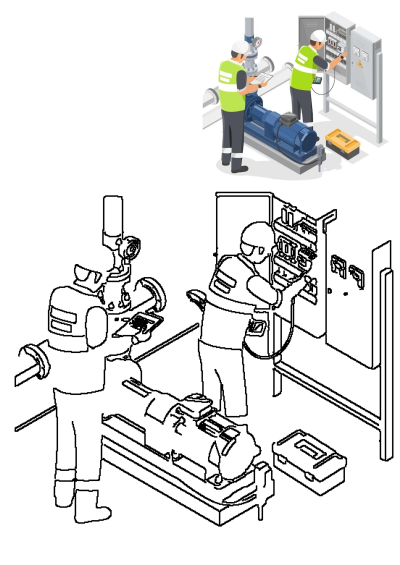Two men in safety vests work on an industrial machine. One checks a control panel, the other inspects the pump. Operating industrial machine.