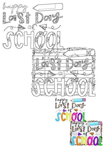 Two back to school signs, one on top of the other, contain colorful lettering saying 'Happy Last Day of School'. The signs include a pencil and paper airplanes.