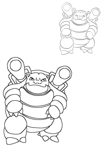 Cartoon Blastoise outline image, ready to be drawn in the style of an Angry Bird. Perfect coloring page for Pokemon and Angry Birds fans.