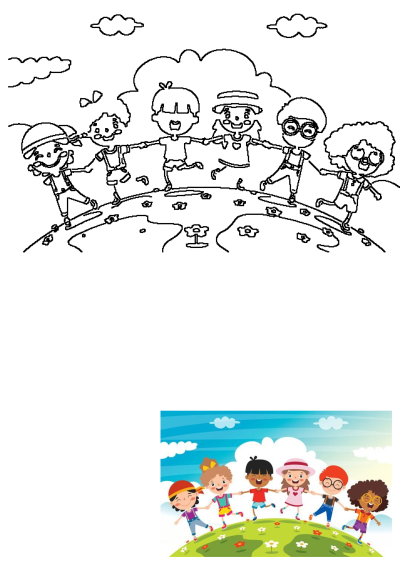 Cartoon image shows happy children standing on a green hill, representing the Earth, smiling, and holding hands in friendship. 