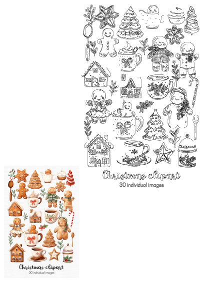 Festive Christmas clipart bundle featuring watercolor gingerbread cookies, houses, hot cocoa, and outline versions for holiday designs.