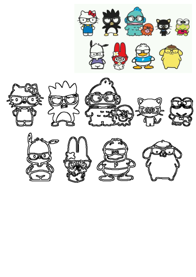 Image of Sanrio cartoon characters including Hello Kitty, Badtz-Maru, Keroppi, and more, all wearing glasses. A colorful and cute group.