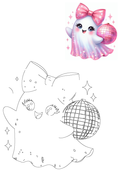 Cute cartoon ghost with a pink bow and holding a pink disco ball, perfect for Halloween-themed designs or social media content.