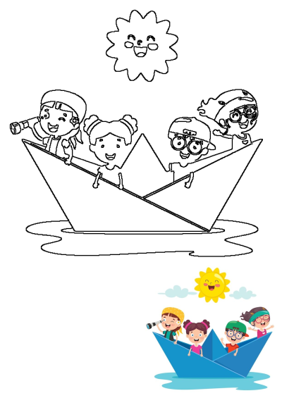 Cute cartoon of children floating on an origami boat in the water under a smiling sun. This playful image captures the joy of childhood imagination and adventure.
