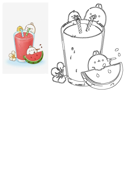 Image of a glass filled with watermelon smoothie, accompanied by cute cartoon bears and a flower. A refreshing and adorable summer treat.