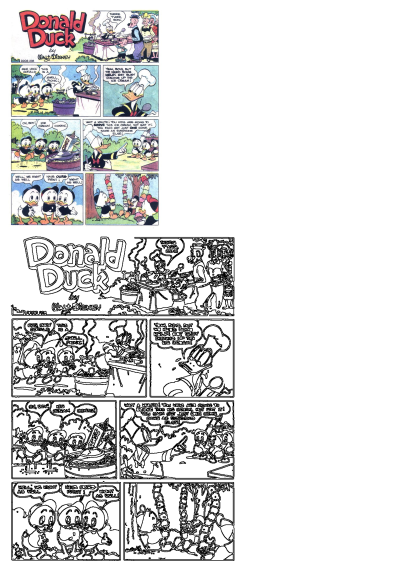 Funny animal comics scene from a Donald Duck comic, showing Donald and his nephews at an ice cream picnic. Part of a comic book collection.