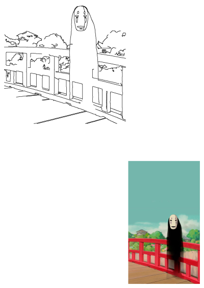 A person stands on a red bridge wearing a spirited mask. This image features No-Face from Spirited Away with sky in background.