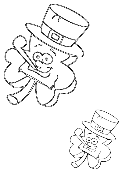 Cartoon leprechaun clover with a hat on its head. A fun coloring page for St. Patrick's Day. Outlined image of happy clover leprechaun.