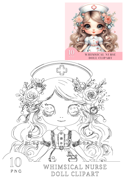 A whimsical nurse doll clipart featuring a girl with long hair wearing a nurse's hat and beautiful flowers. Perfect for cute designs.