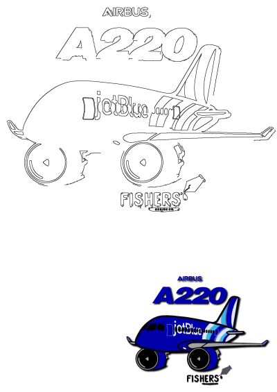 Cartoon-style JetBlue Airbus A220 airplane with wheels and the words "Airbus A220" on it. Cute and fun airplane design.