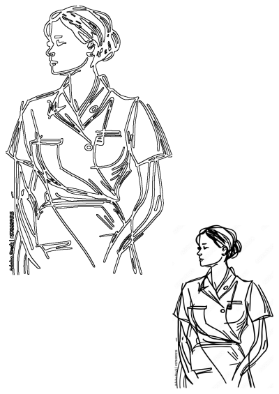 A line art illustration depicts a woman in uniform, showcasing clean outlines and minimalistic design. Ideal for graphic design or medical illustrations.
