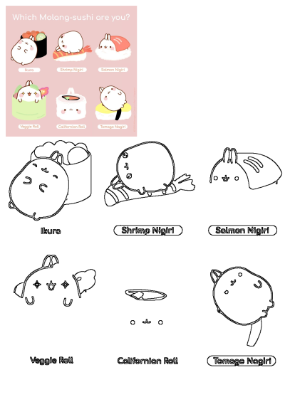 Molang-sushi cartoon avatars featuring different types of sushi: Ikura, Shrimp Nigiri, Salmon Nigiri, Veggie Roll, California Roll, and Tomago Nagiri.