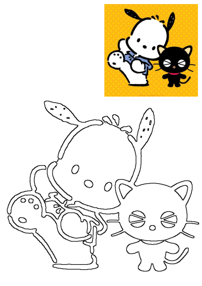 A black cat cartoon character standing next to Pochacco. The characters are set against a cheerful yellow polka dot background.