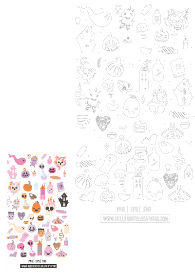 A delightful Halloween scene featuring cute ghosts, pumpkins, skulls, potion bottles, and haunted houses. Perfect for Halloween decorations, invitations, and more.