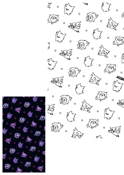 Image features a pattern of purple Ghastly, Haunter, and Gengar Pokemon on a black background with purple circles. It is a seamless design.