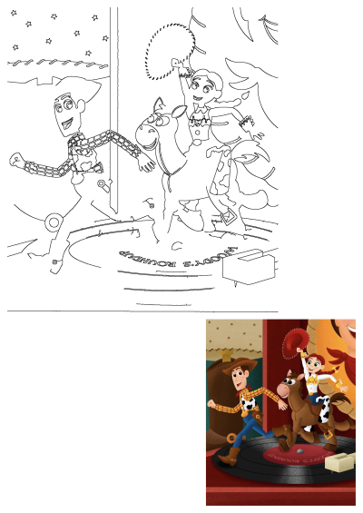 Cartoon image of Woody and Jessie from Toy Story riding Bullseye in front of a red curtain, as described in the alt text. 