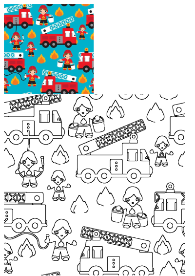 Seamless pattern with cartoon fireman, trucks, and flames on blue, perfect for children's wallpaper. Alt: seamless pattern with cartoon fireman and truck on blue background, suitable for children's wallpaper.