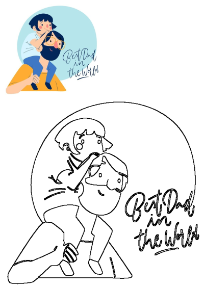 Cartoon illustration of a man holding a baby on his shoulders. Text says "Best Dad in the World". Celebrate fatherhood and family love.