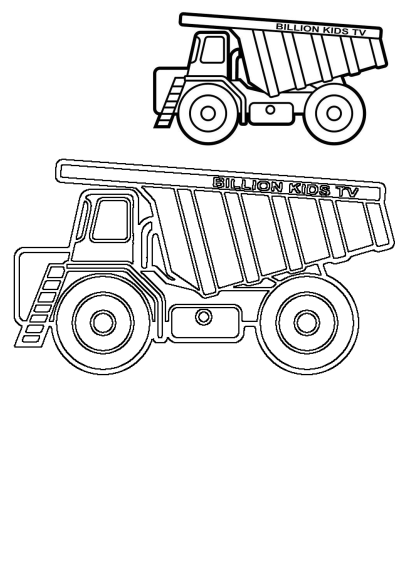 Billion Kids TV dump truck coloring page featuring a black and white line art illustration of the vehicle.