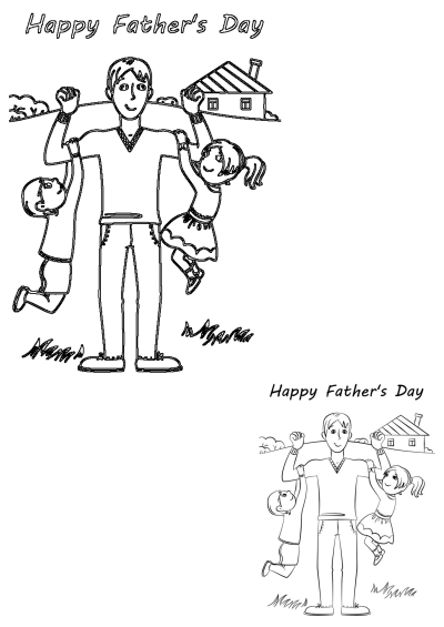 Father's Day coloring page with dad and two children playing. A man holds his son and daughter up in the air. Great activity for kids.