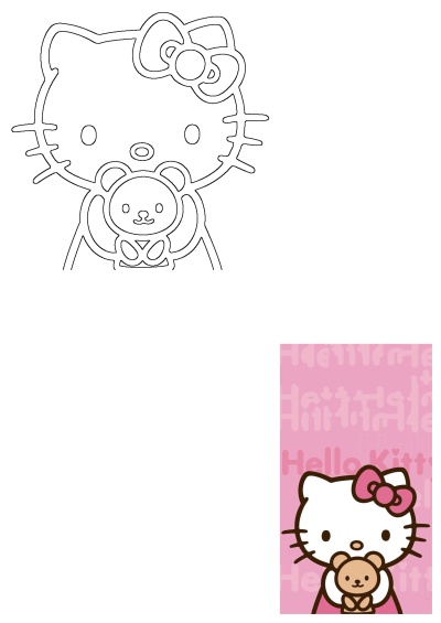 Hello Kitty holds a teddy bear in front of a pink background with the words 'Hello Kitty' on it. Sweet cartoon image.