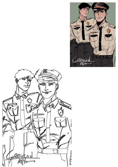 Comic art featuring two men in police uniforms, showcasing a unique artistic style and character depiction. 
