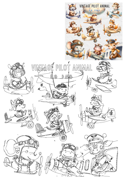 Vintage pilot animal clipart set features cute animals like zebra, hedgehog, fox, giraffe in vintage aviator outfits flying planes.