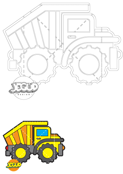 Cartoon illustration of a yellow and orange dump truck with black wheels. A construction vehicle for kids, design by Jegud design.