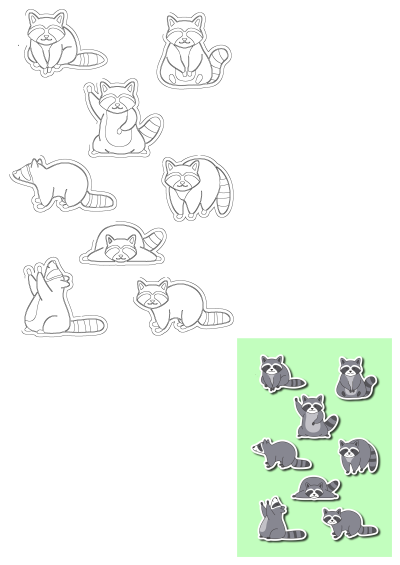 Sheet of cute cartoon raccoon stickers in various poses. Adorable, playful designs perfect for crafting, decorating, and collecting some raccoon stickers.