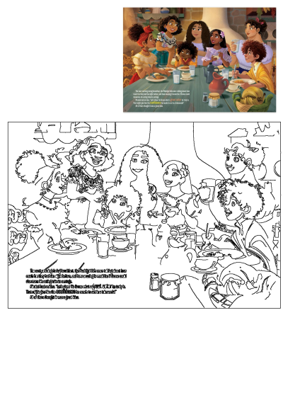 Madrigal family enjoying breakfast in a scene from an animated movie. Group of people sitting at a table eating food and drinking coffee, cartoon style.