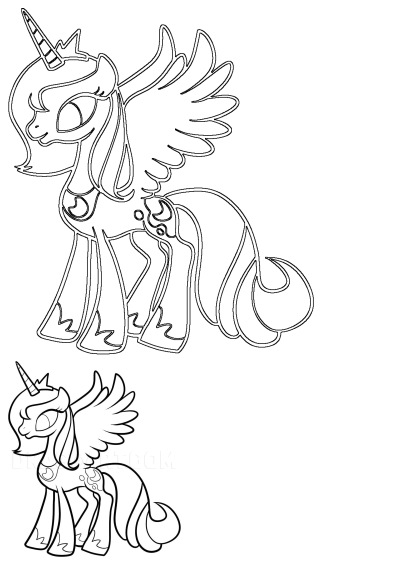 Line art of Princess Celestia, the winged unicorn pony from My Little Pony, perfect for coloring pages and creative art projects.