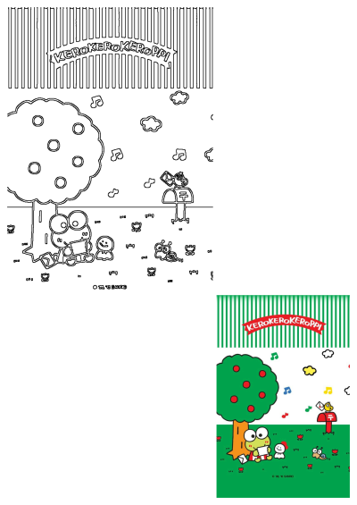 Cartoon character Keroppi is reading with friends under a tree, a bird is near a letterbox, and there are music notes around it.