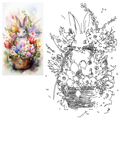 Watercolor painting of a bunny sitting in a basket filled with colorful flowers and Easter eggs. Festive spring illustration.