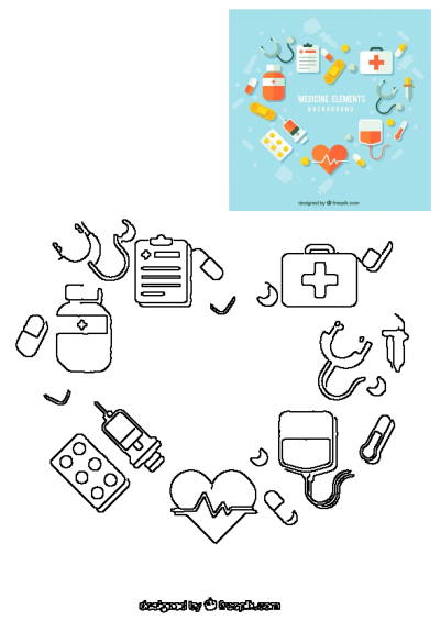 Medical elements such as stethoscope, pills, and first aid kit arranged in a circle. It is on a blue background with white lettering.
