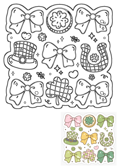 St Patrick's Day sticker featuring clovers, bows, a horseshoe, and a leprechaun hat. A fun and festive way to celebrate the holiday!